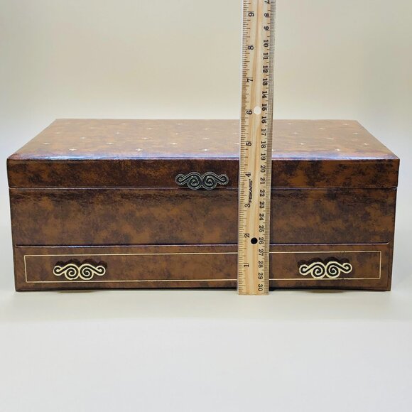 Vintage 60s Jewelry Chest Dresser Box with Drawer: Brown Vinyl Orange Lining - Picture 10 of 10